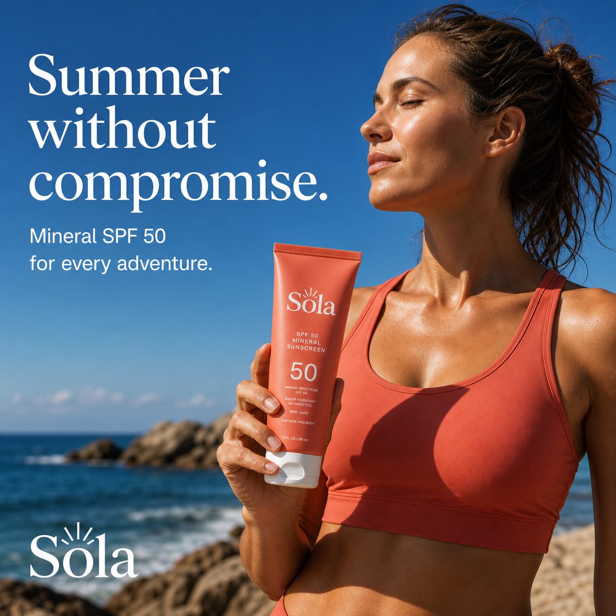 Square Sola sunscreen campaign ad with an athlete holding the product