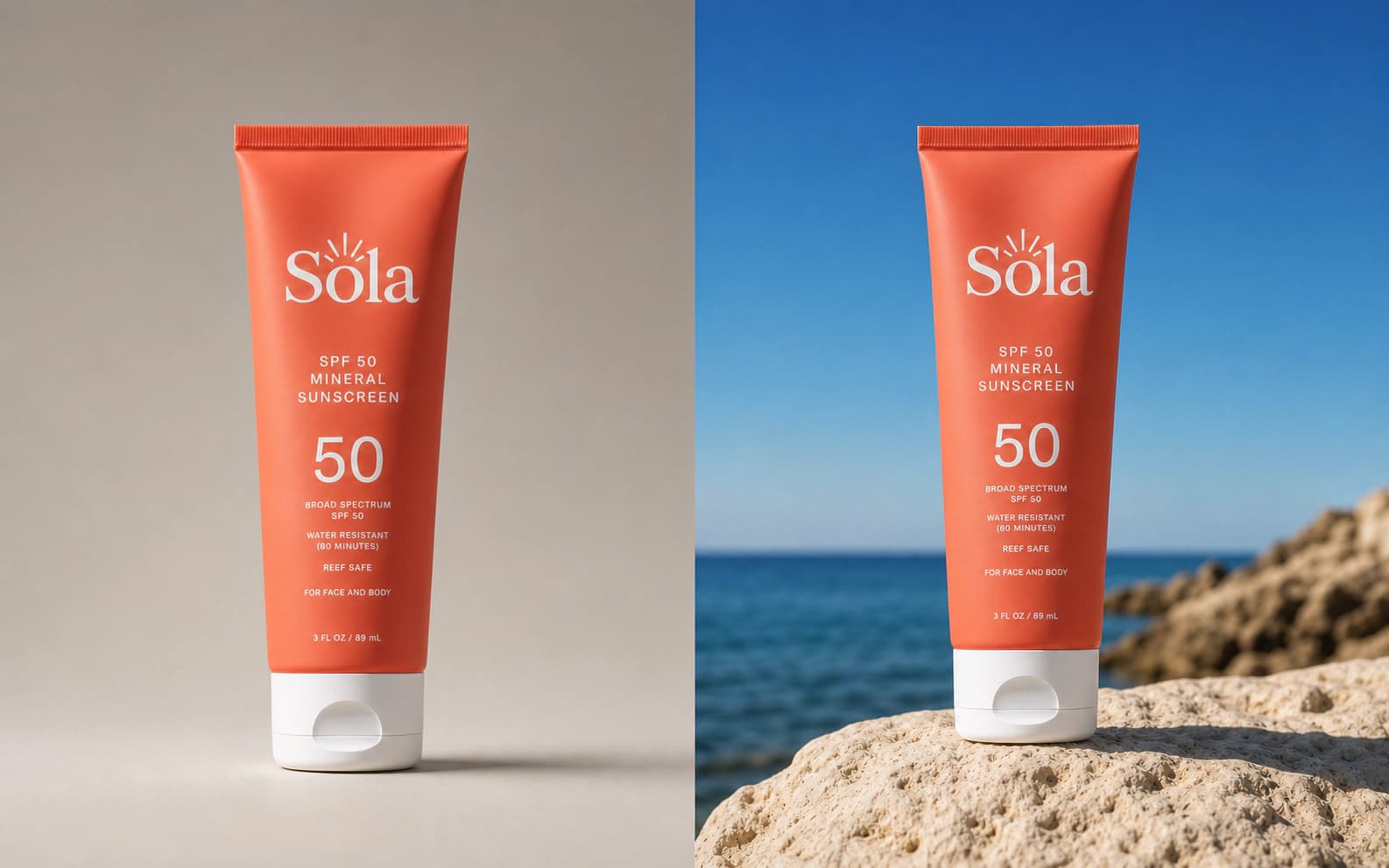 The same Sola sunscreen product shown as a studio source and as finished coastal campaign art