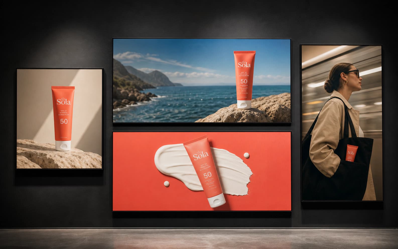 Four distinct Sola campaign executions mounted as social, display, lifestyle, and seasonal advertising proofs