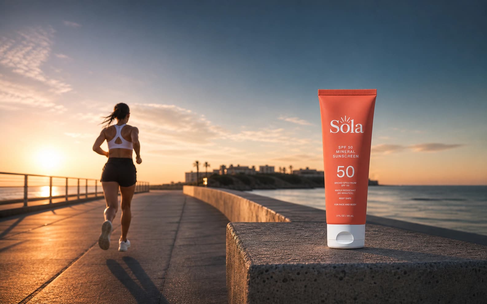 Sola sunscreen campaign closing image with a runner on a coastal boardwalk at sunrise