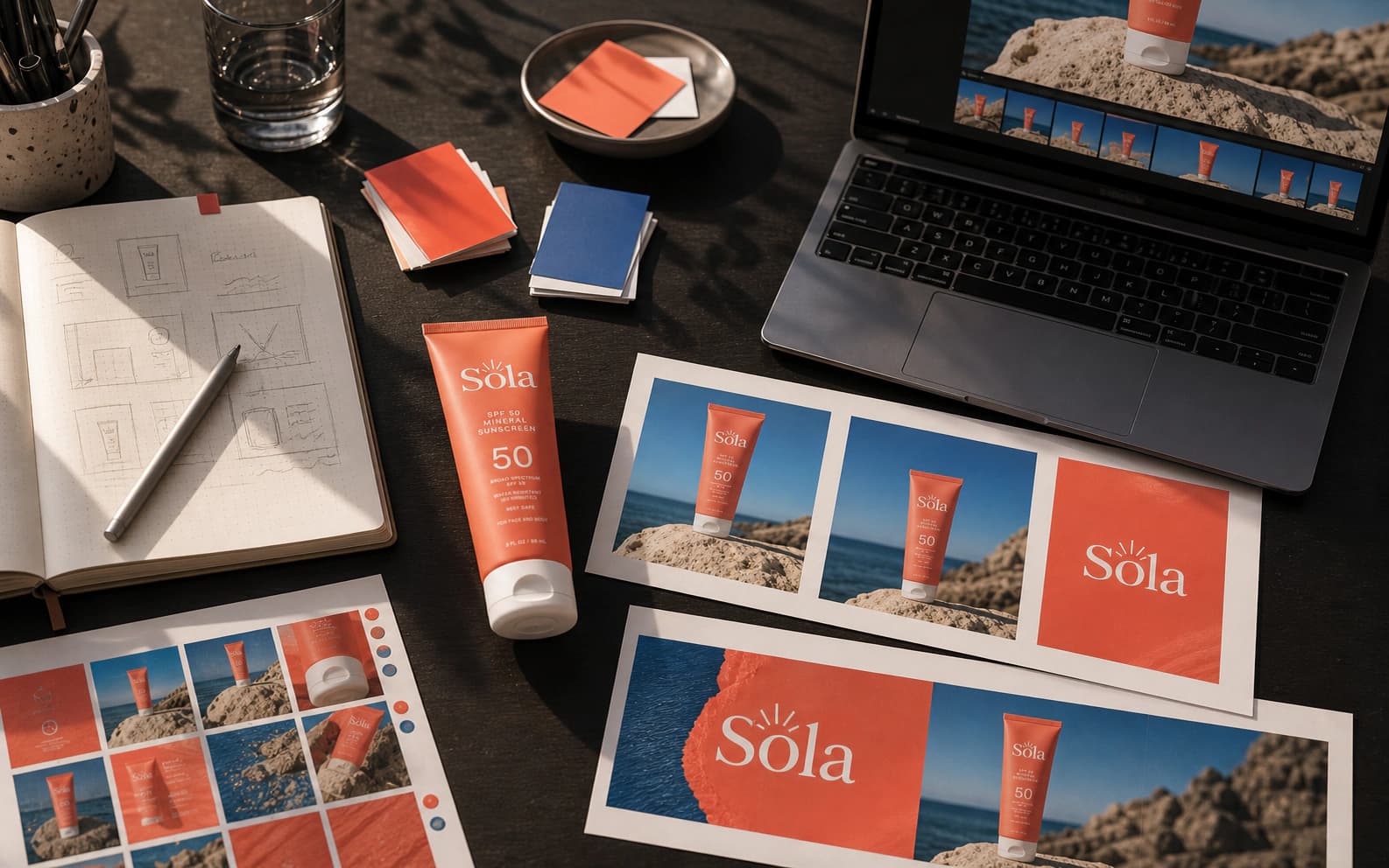 Campaign brief, color swatches, product source, and generated ad outputs arranged on a creative worktable