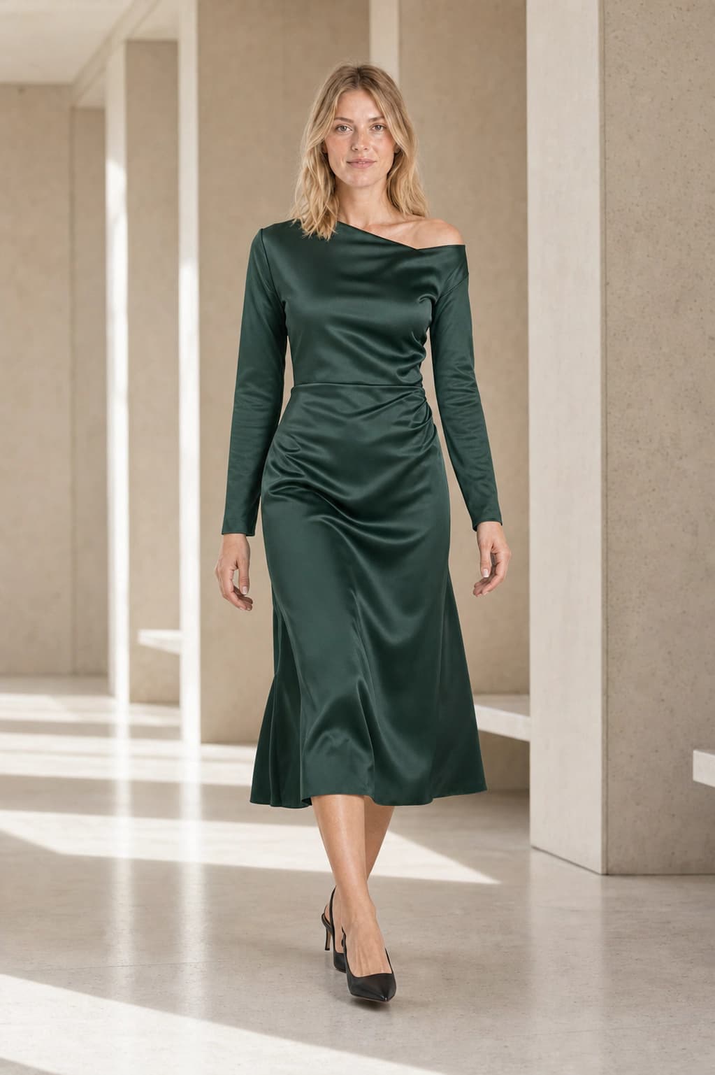 Lookbook fashion photograph of the same adult blonde model in a forest-green satin dress