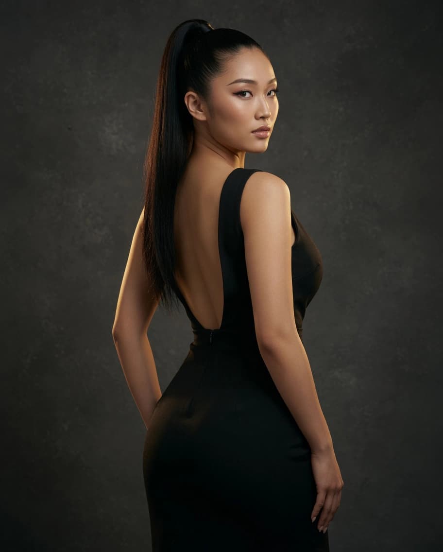 Aurelian fashion campaign back view in a black open-back dress