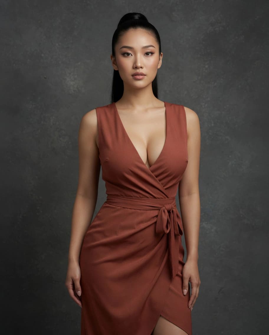 Aurelian carousel CTA: direct-to-camera terracotta wrap dress mid shot