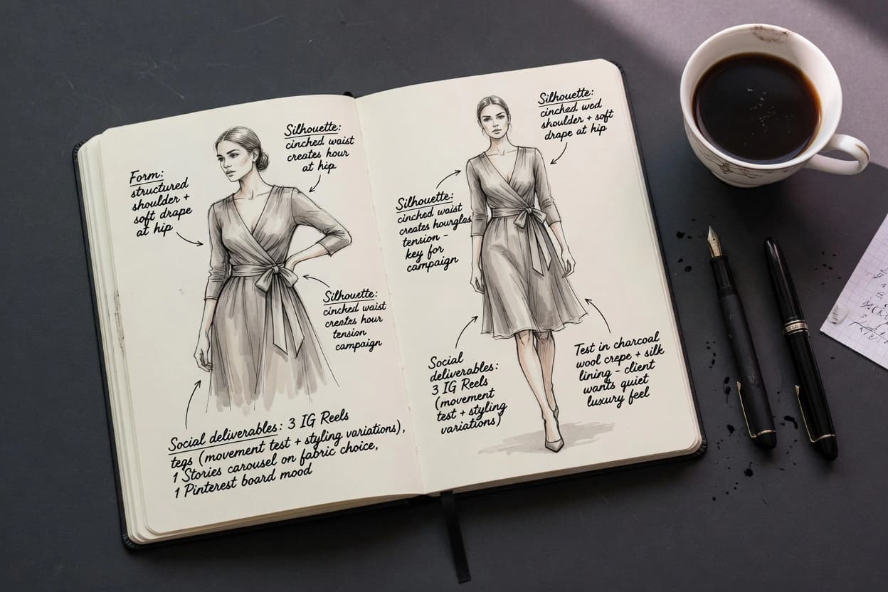 Open creative director notebook with fashion campaign sketches