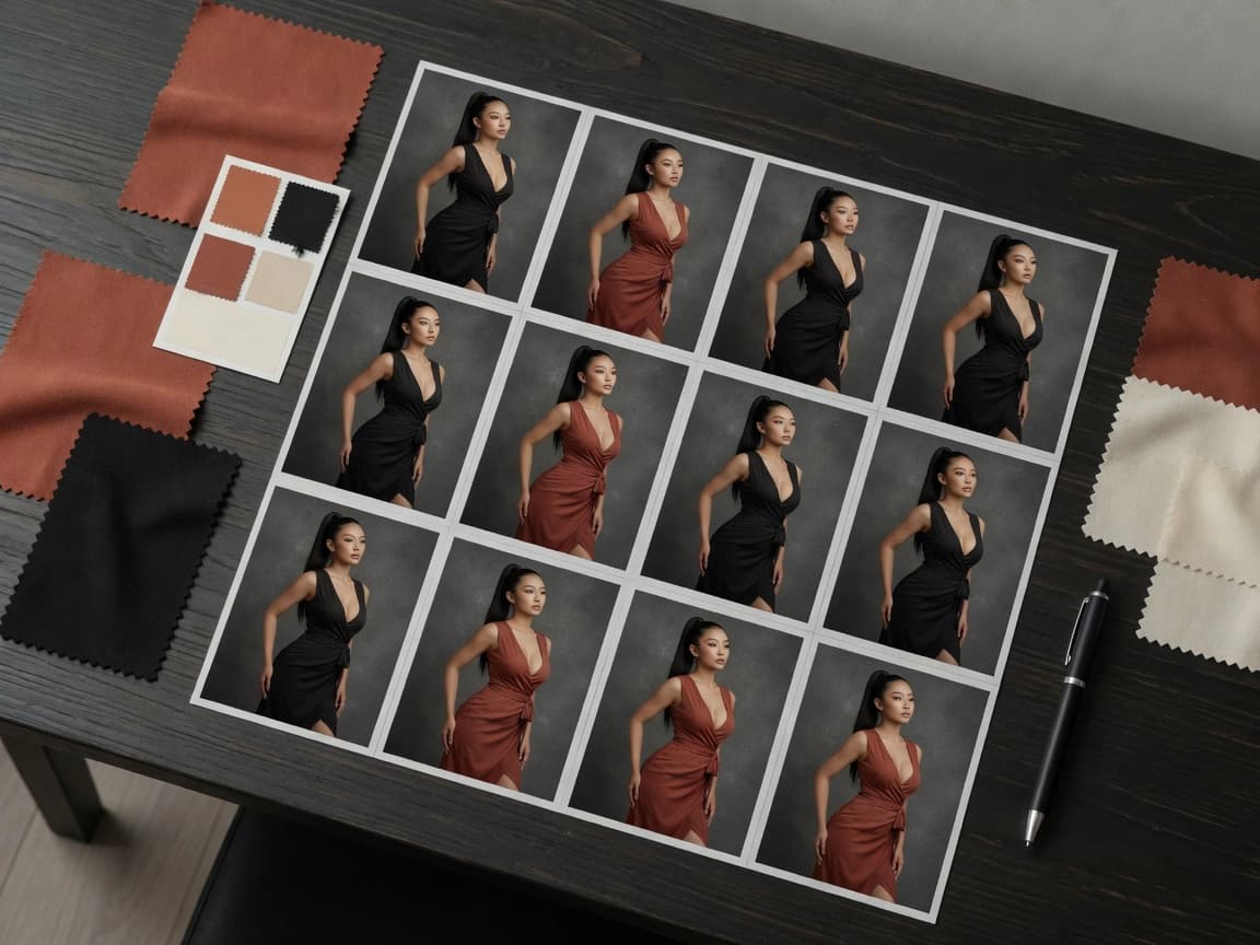 Art-direction moodboard with Aurelian fashion proofs and fabric swatches
