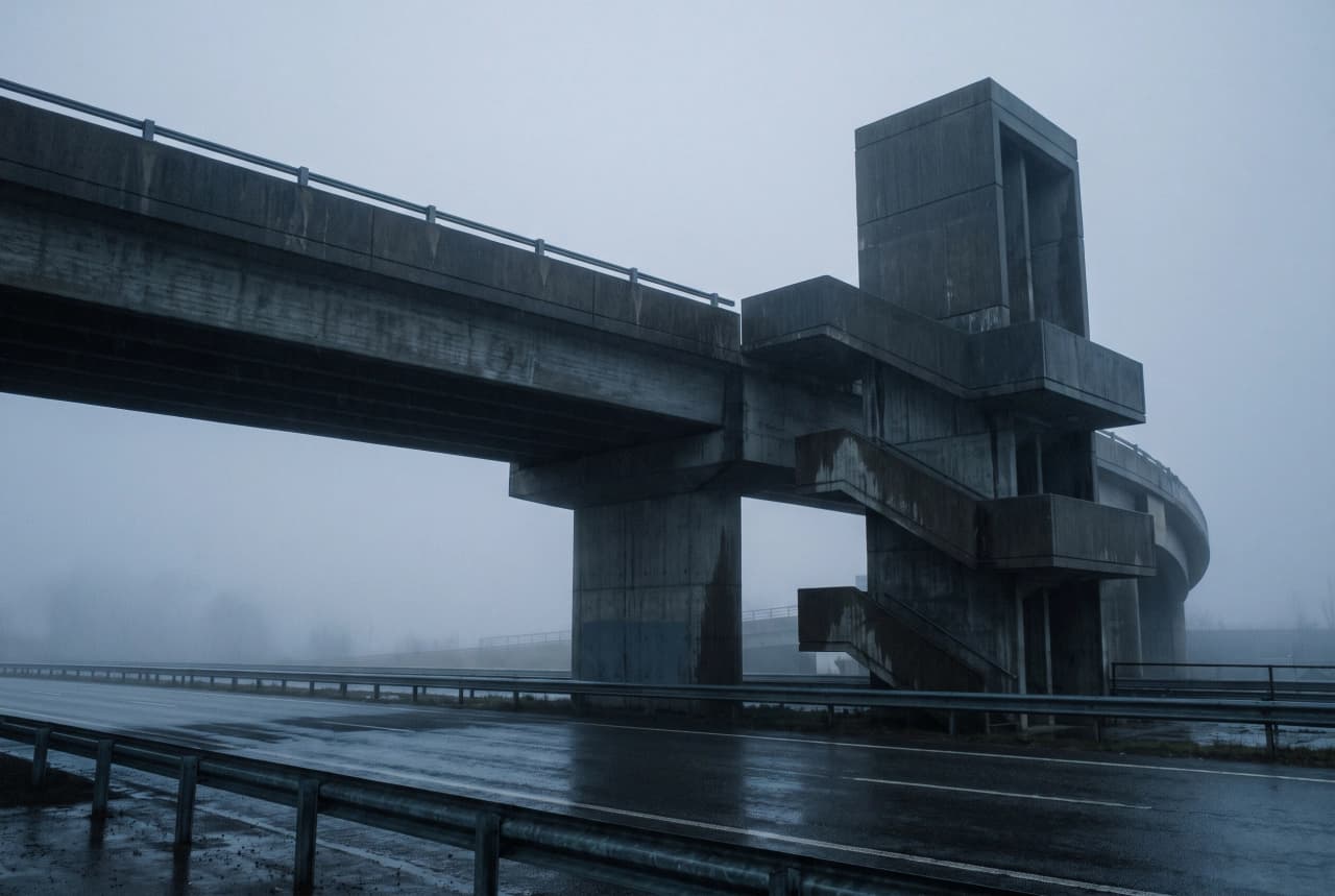 Moodboard tile: brutalist concrete overpass and stair tower in low fog above wet pavement
