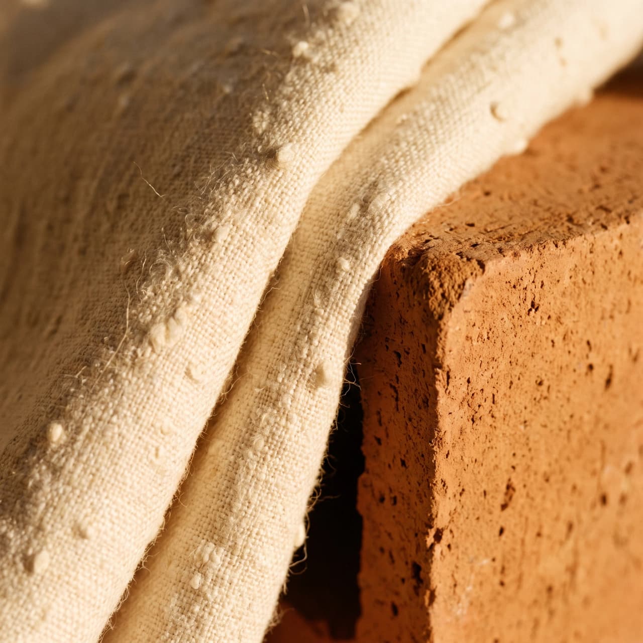 Moodboard tile: macro of cream raw linen folded against coarse terracotta clay