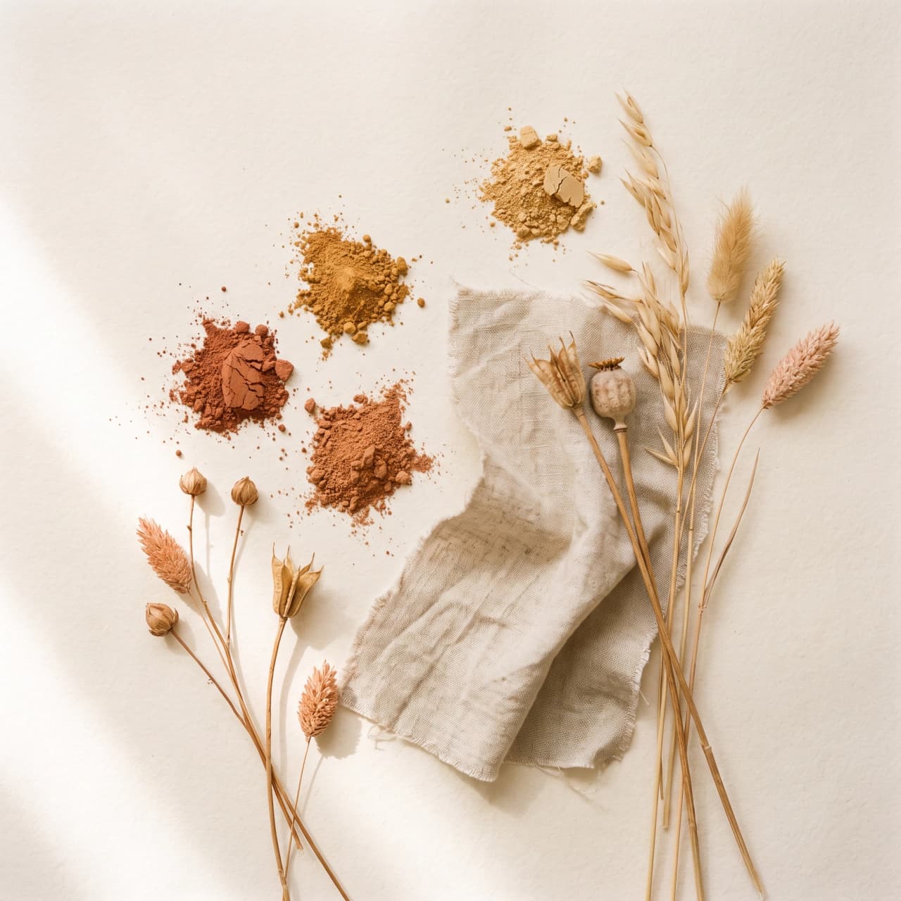 Moodboard tile: overhead flat lay of terracotta and ochre pigment powders beside dried botanicals and linen