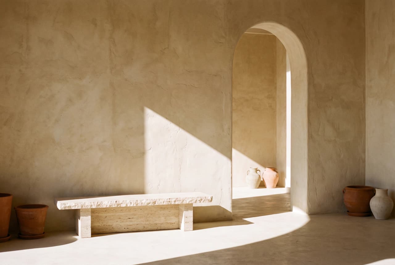 Moodboard tile: spare lime-plaster room with an arched doorway and a hard diagonal of sunlight