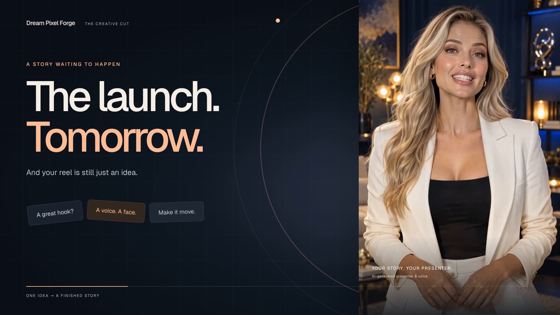 A blonde AI presenter in a cinematic motion graphics showcase