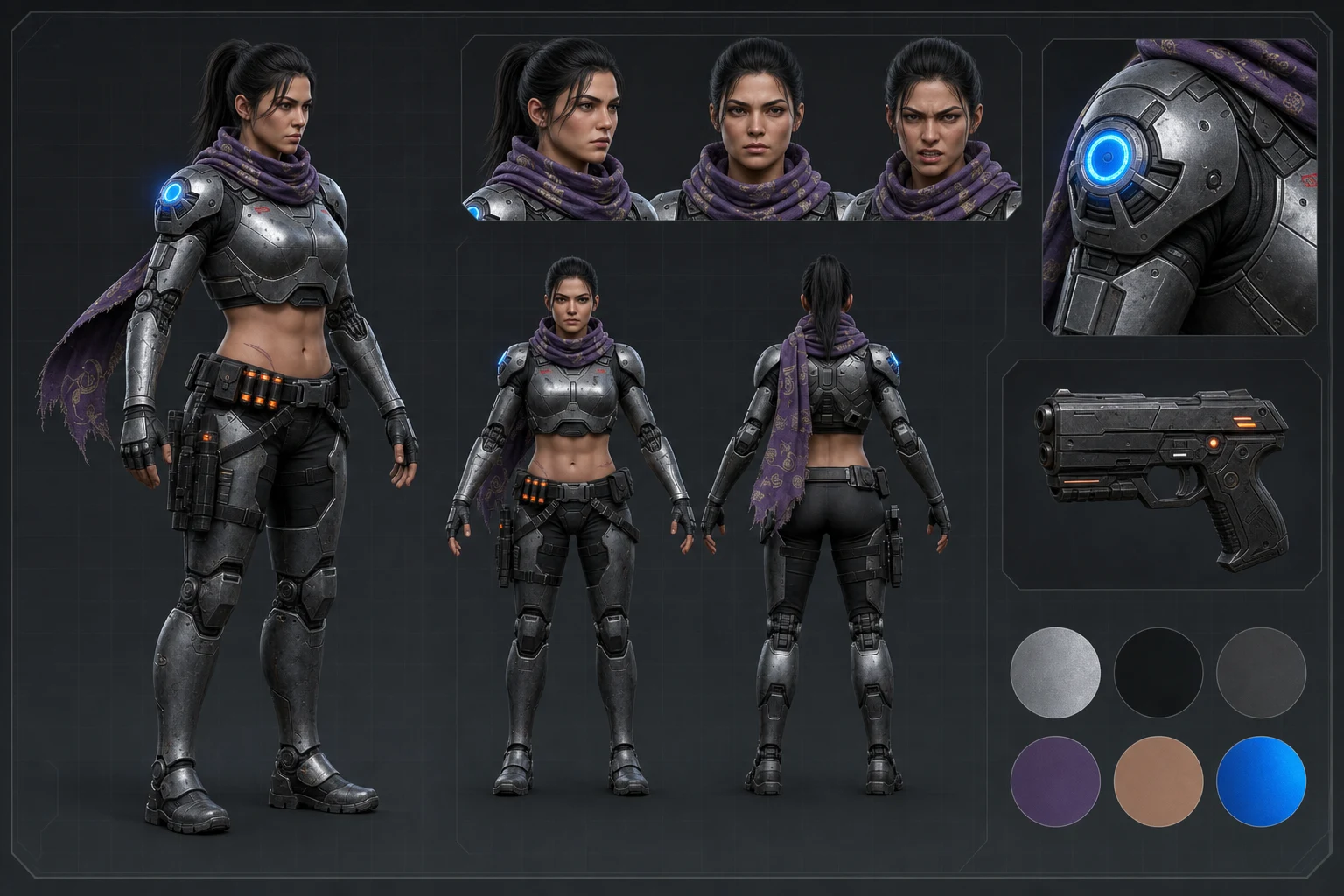 Approved character sheet with full-body, turnaround, expression, prop, and material details