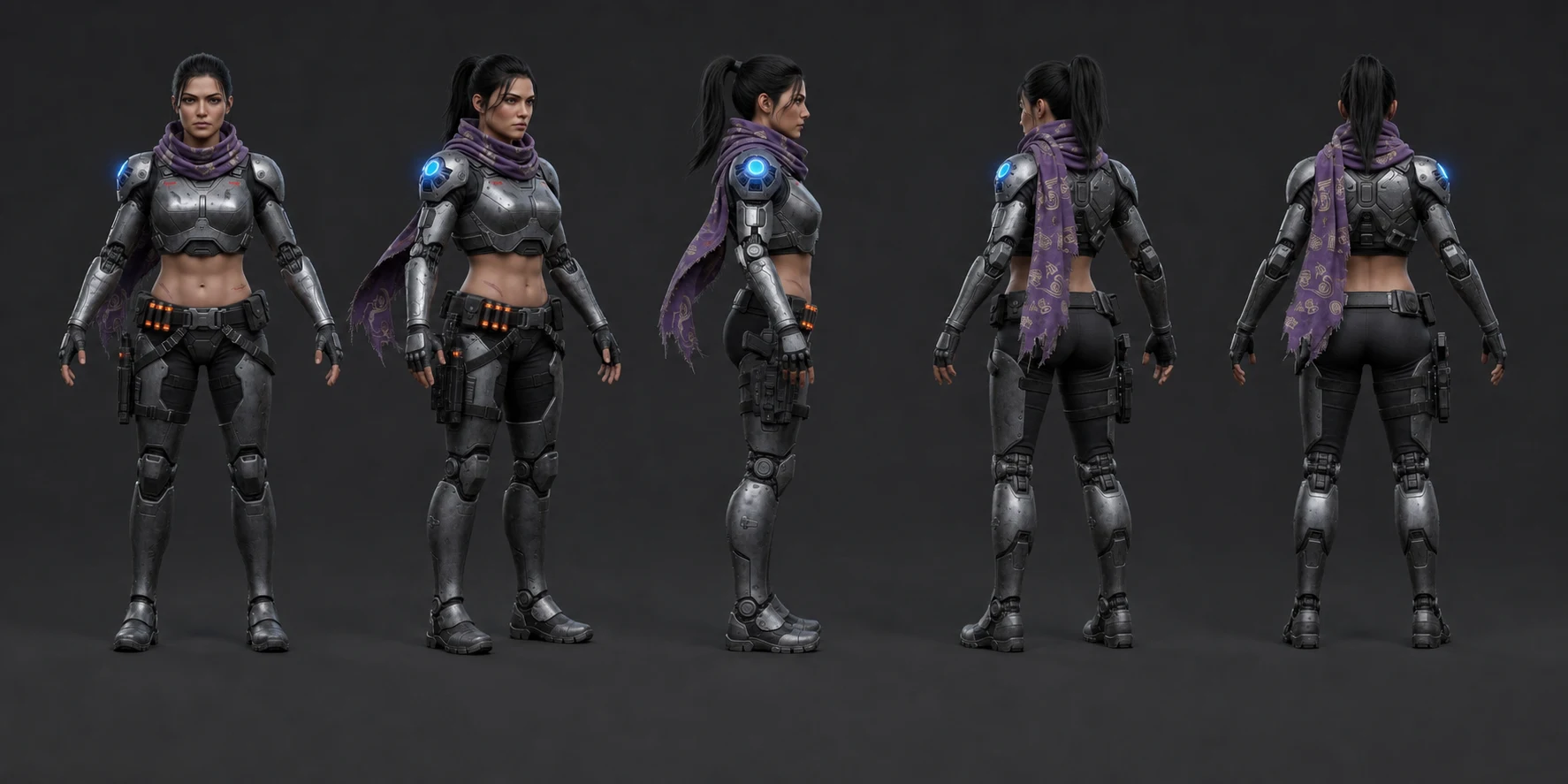 Five-angle character turnaround showing front, three-quarter, side, and back views