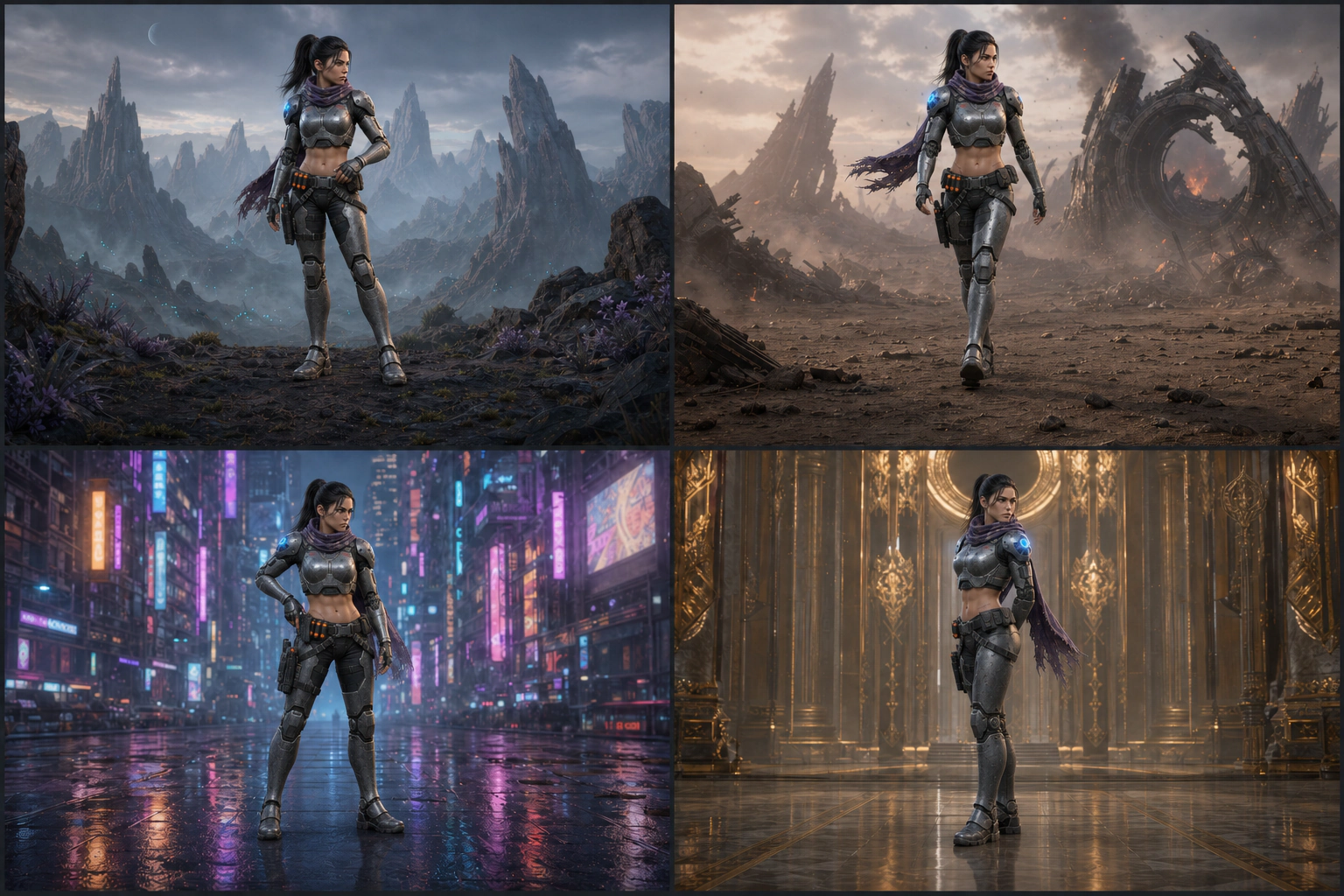Full-body views of the same character in an alien valley, a battlefield, a neon city, and a ceremonial hall