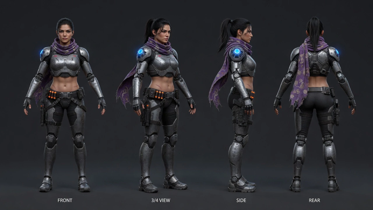 Character turnaround sheet for Nyra with multiple angles