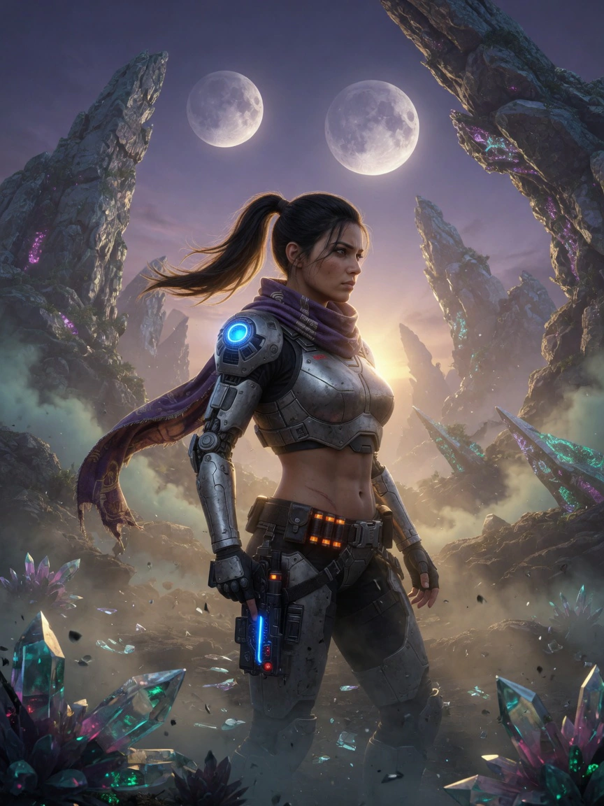Nyra among alien crystal ruins under twin moons