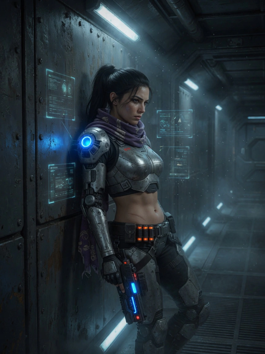 Nyra leaning against a bulkhead in a spaceship corridor