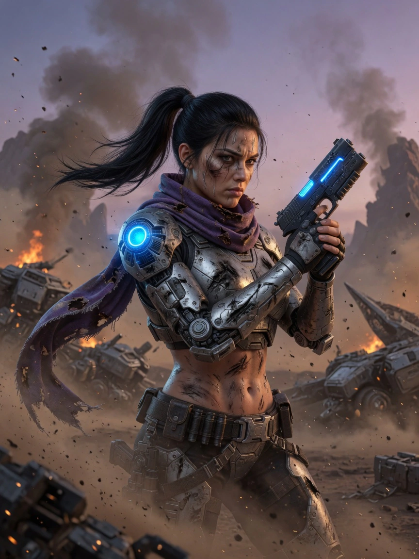 Nyra in battle-damaged field armor