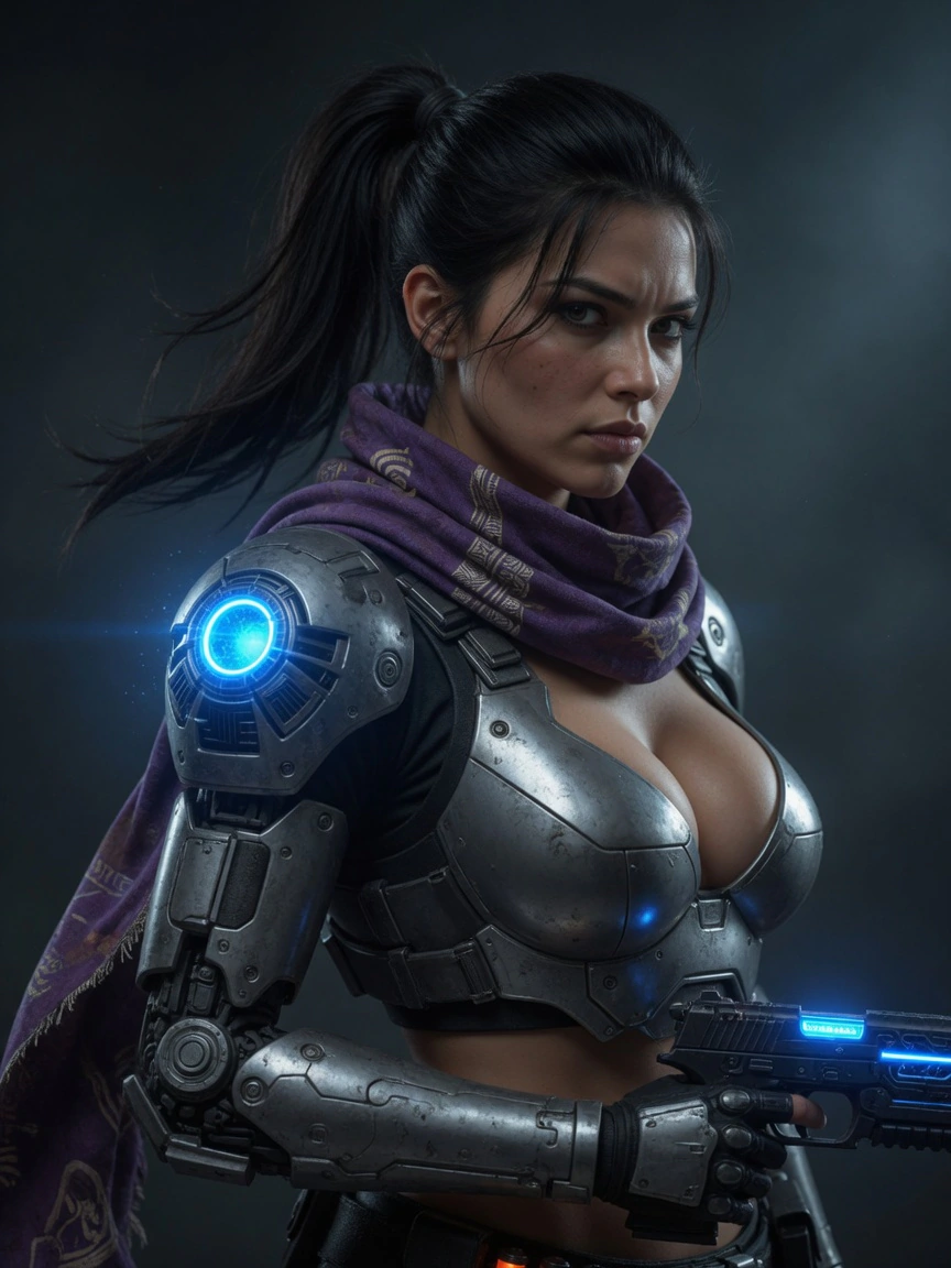 Nyra in plunging silver armor, three-quarter studio