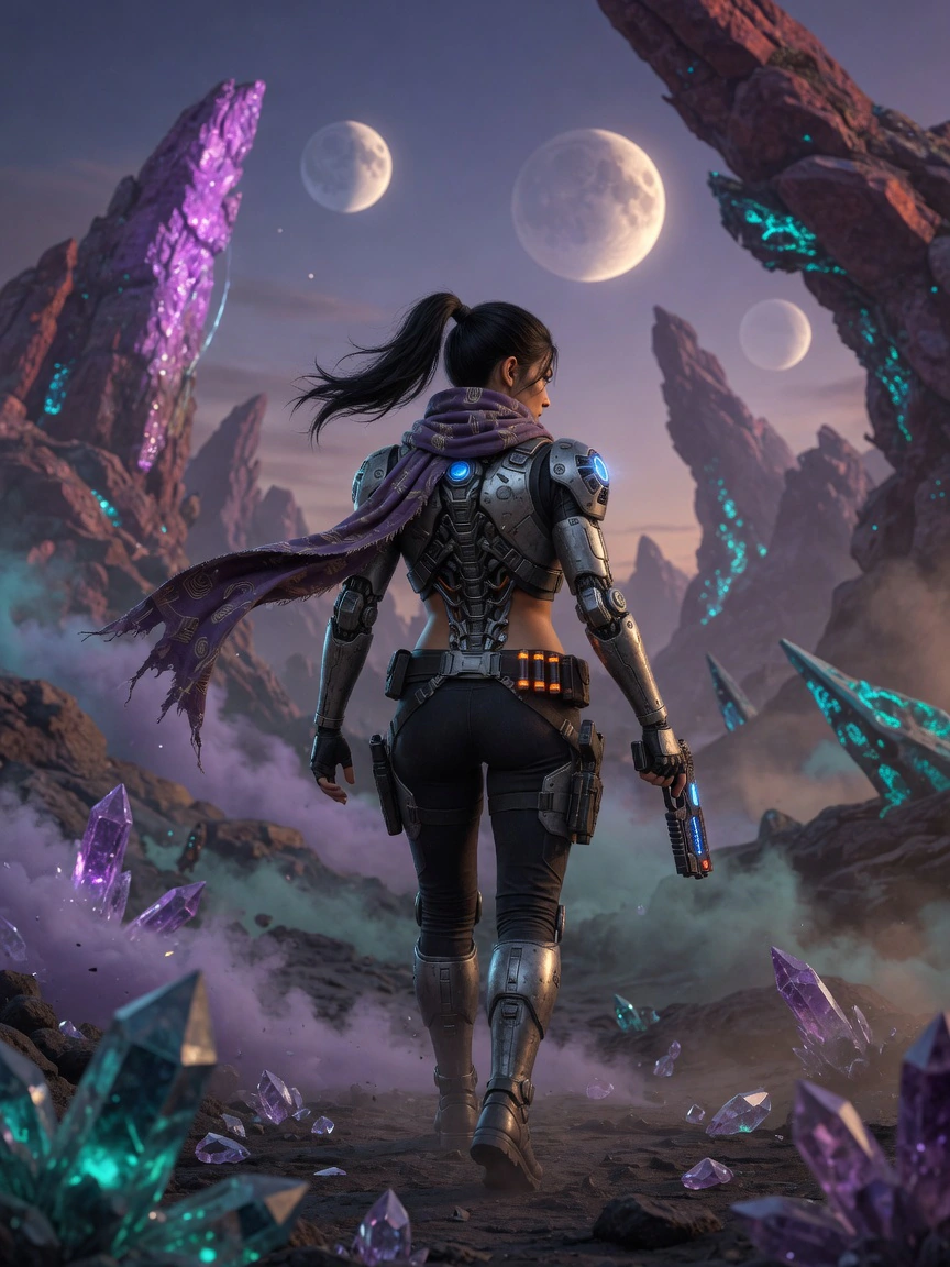 Nyra walking away into alien crystal ruins