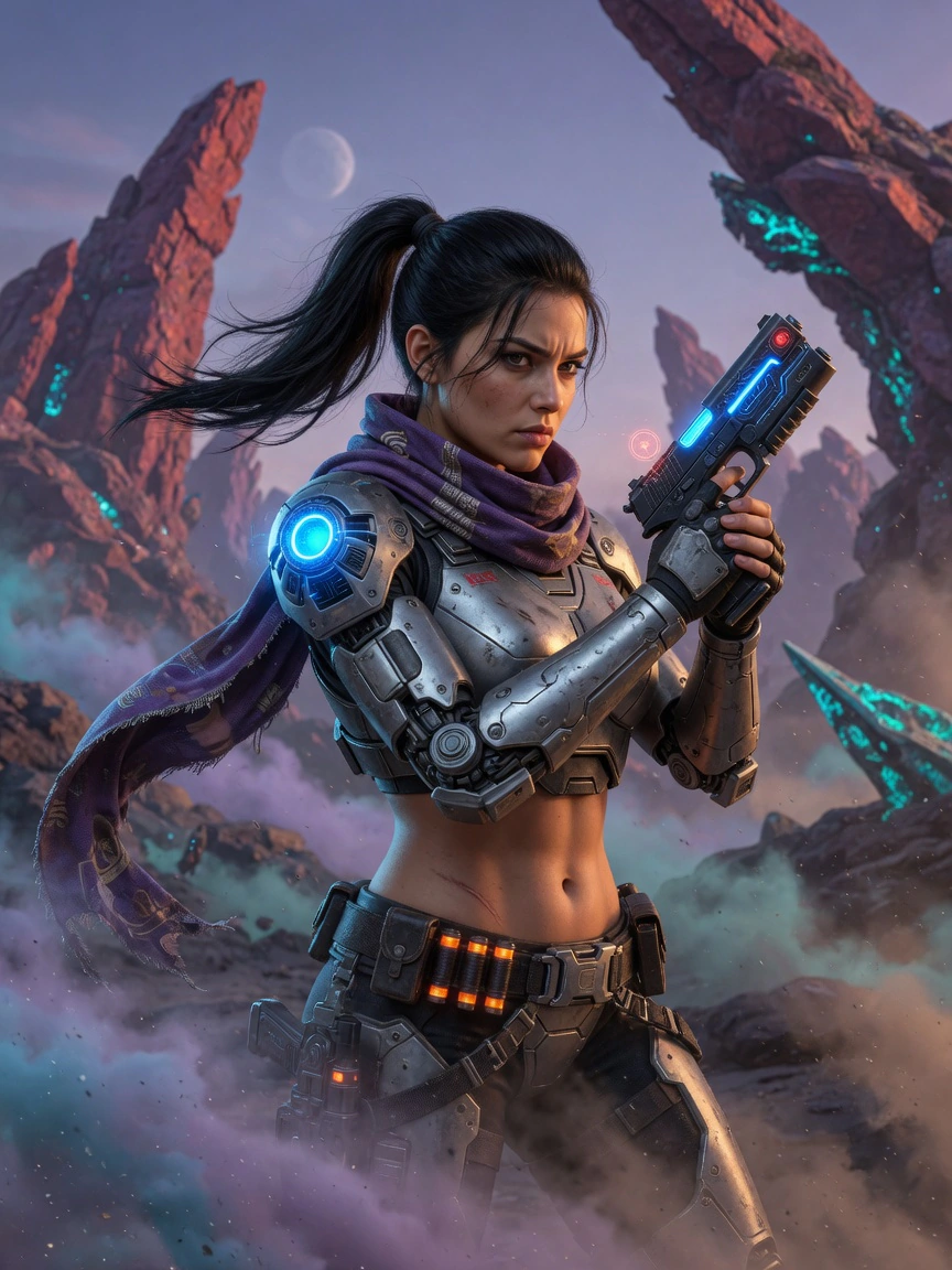 Final cinematic hero portrait of Nyra in silver power armor