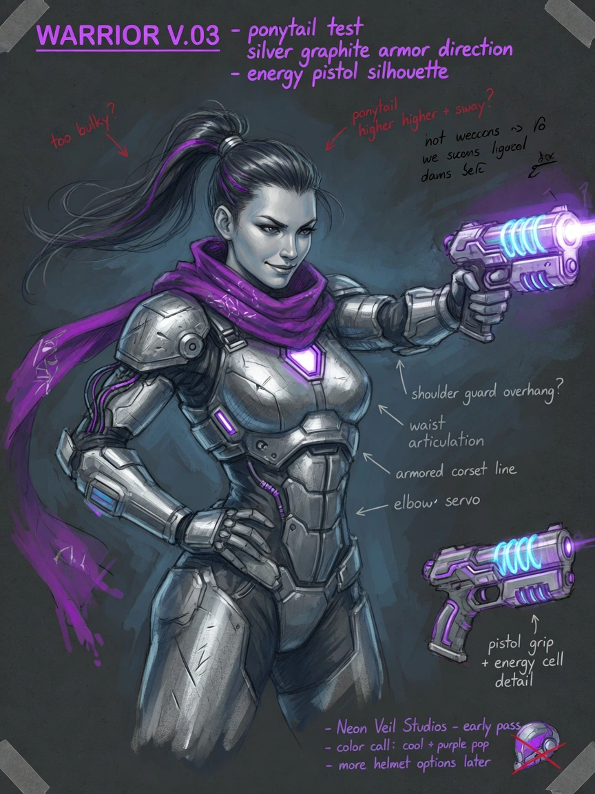 Painterly early concept sketch of Nyra the sci-fi warrior