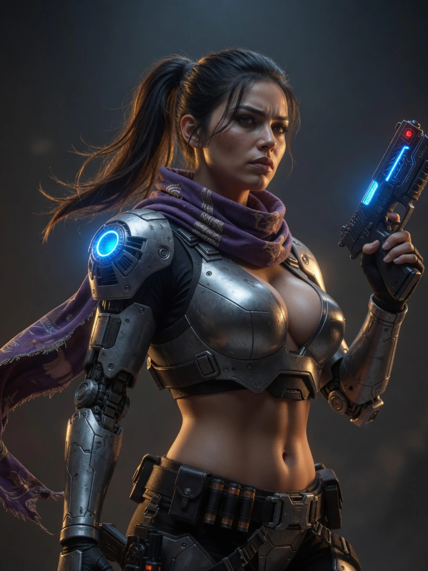 Nyra in low-cut silver armor, studio portrait