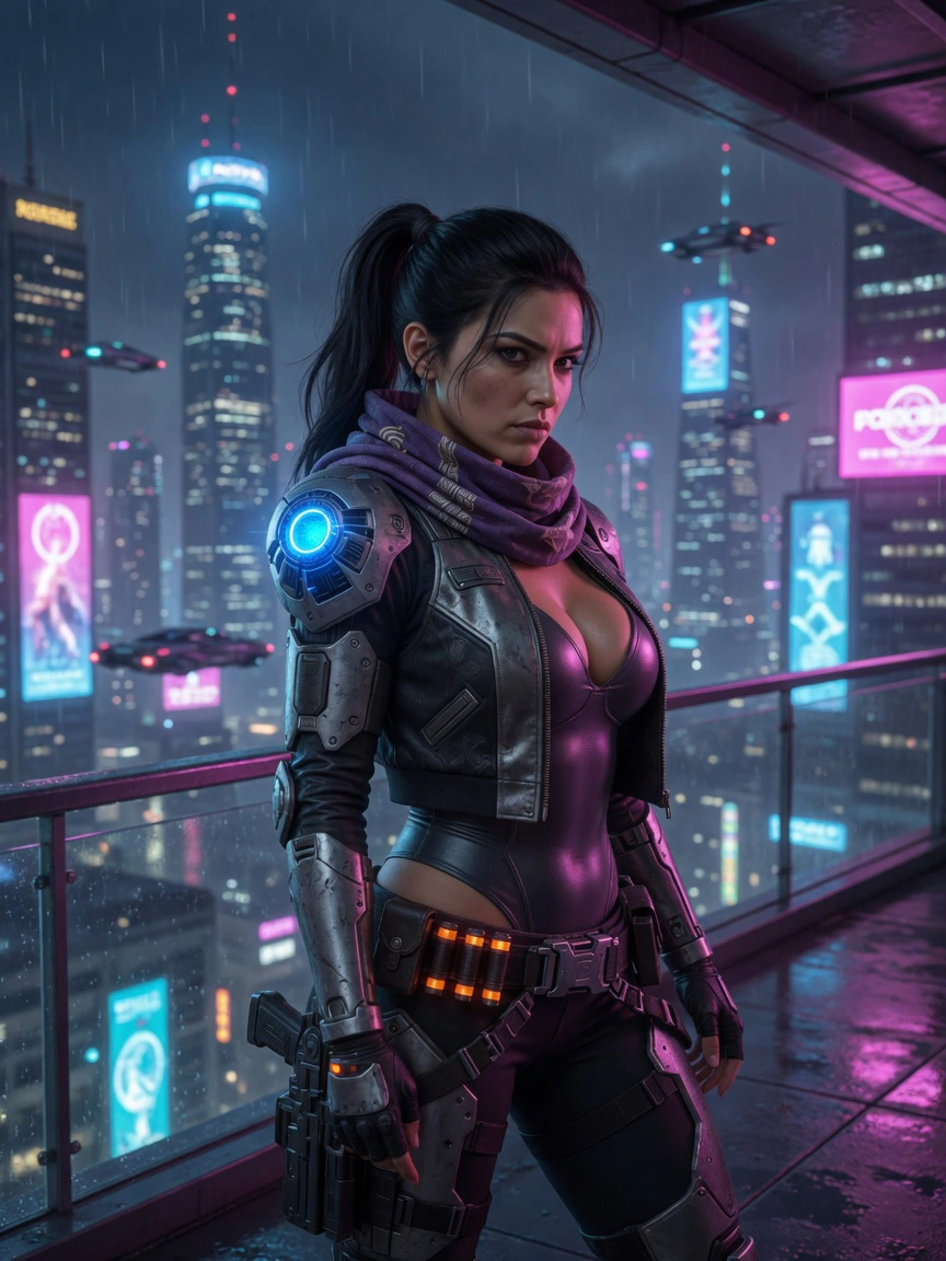 Nyra in street kit on a neon city balcony