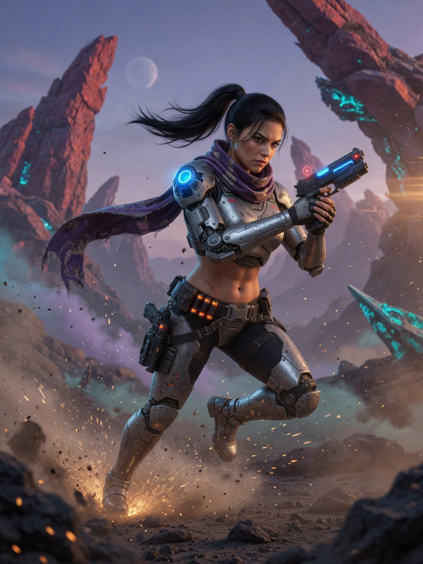 Nyra in a dynamic combat stance aiming her handgun