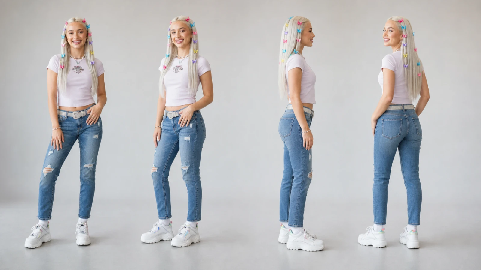 Character sheet showing front, three-quarter, profile, and rear views of Chloe — Y2K Cutie