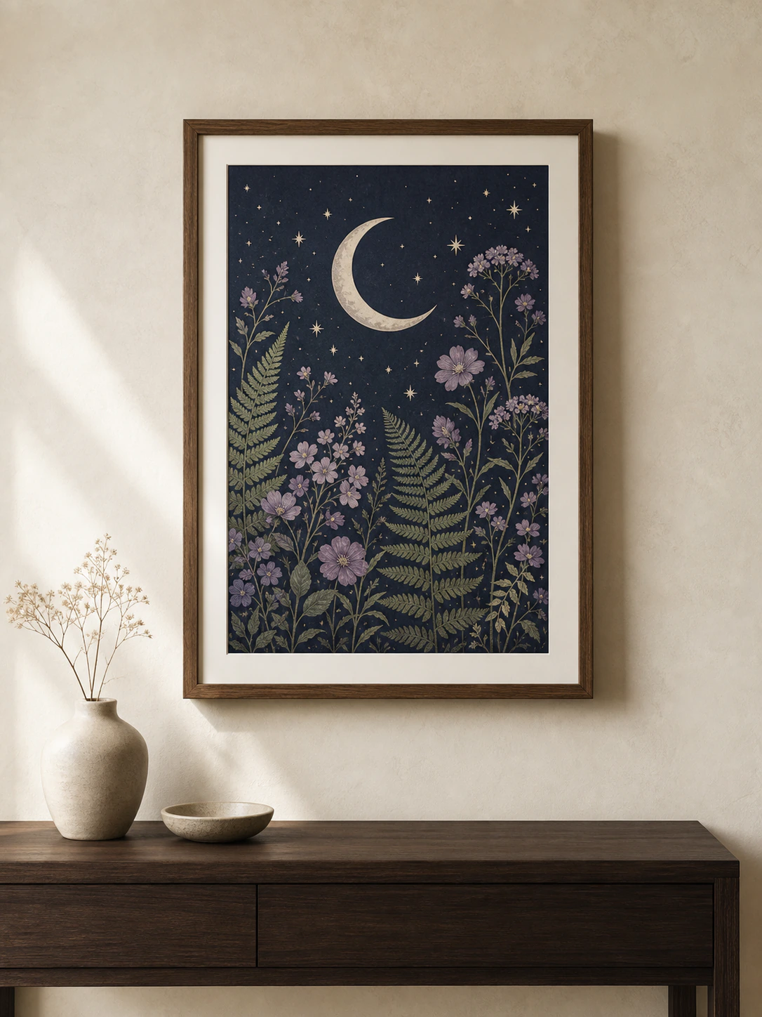 Night Garden moon-and-botanicals print in a styled interior